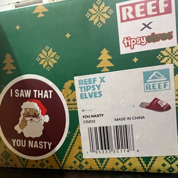 NEW Reef Men's Tipsy Elves Slippers "I Saw That You Nasty" Burgundy Gray COZY - Picture 6 of 9